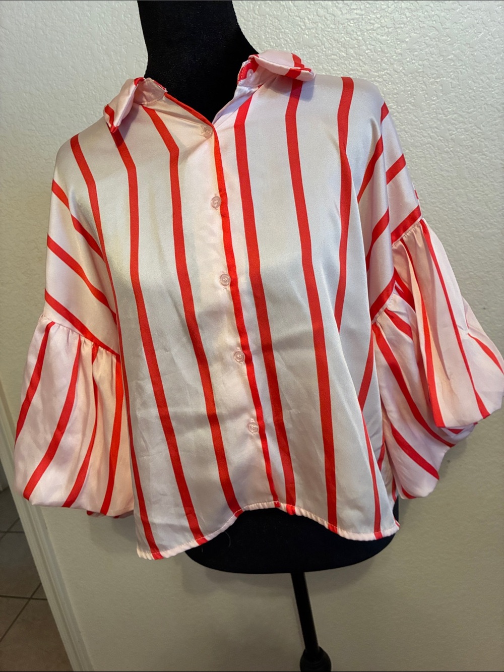Boxy Red & White Striped Button-Down Blouse